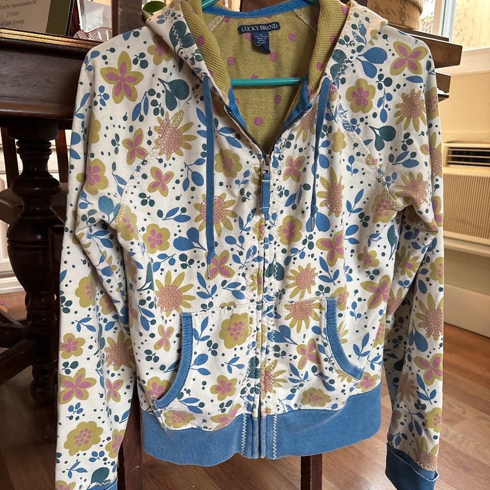 Vintage Lucky Brand zip front flowered hoodie